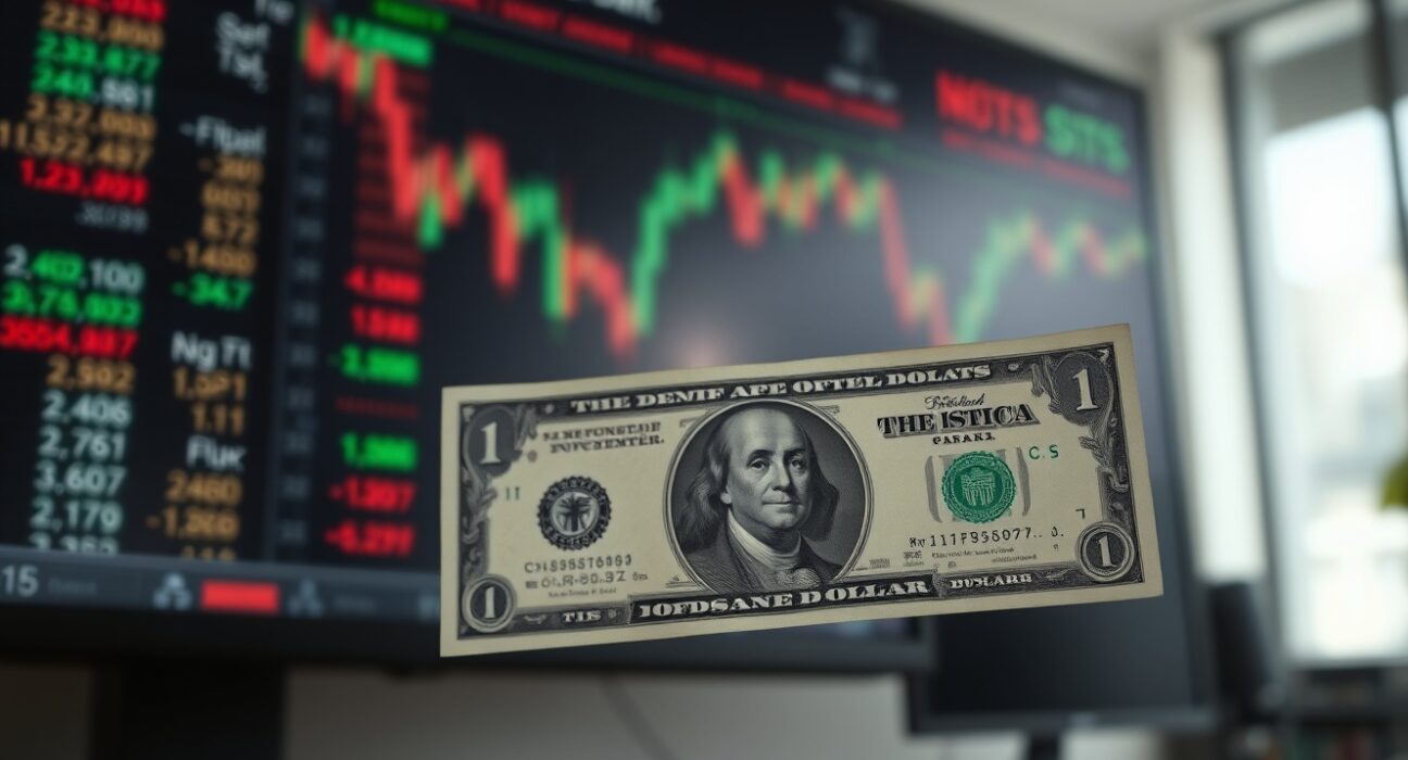 US dollar banknote in focus with blurred financial charts in background representing risk sentiment