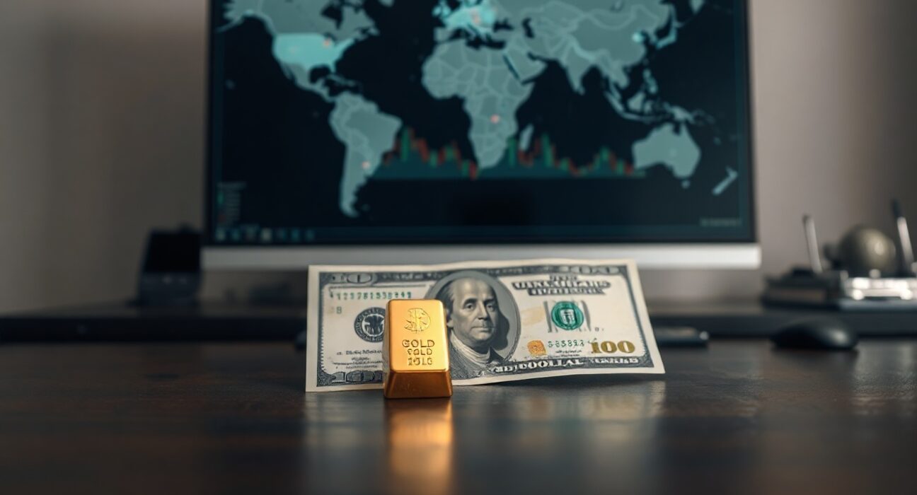 US dollar banknote and gold bar on desk with financial charts in background