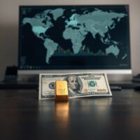 US dollar banknote and gold bar on desk with financial charts in background