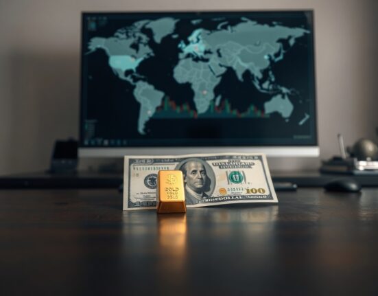US dollar banknote and gold bar on desk with financial charts in background