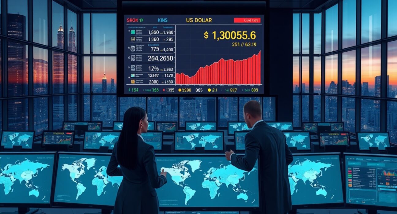 Financial analysts reviewing US dollar exchange rates and global trade data on a modern trading floor