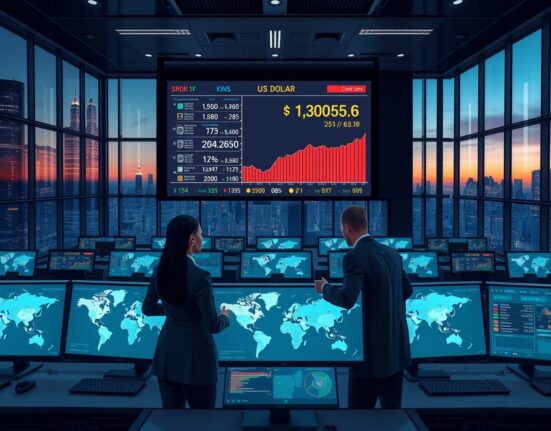 Financial analysts reviewing US dollar exchange rates and global trade data on a modern trading floor