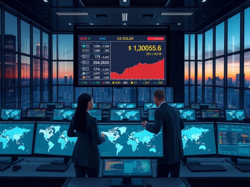 Financial analysts reviewing US dollar exchange rates and global trade data on a modern trading floor