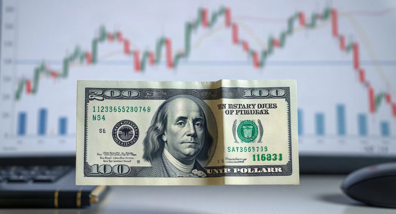 US dollar banknote with shadowy financial chart background, symbolizing debt-market pressure on the currency.