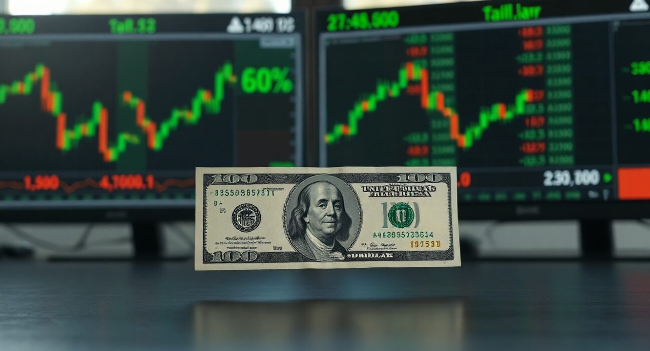 US dollar banknote on a desk with financial charts in background