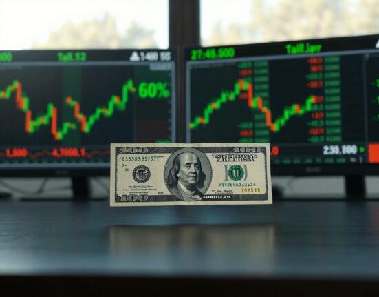 US dollar banknote on a desk with financial charts in background