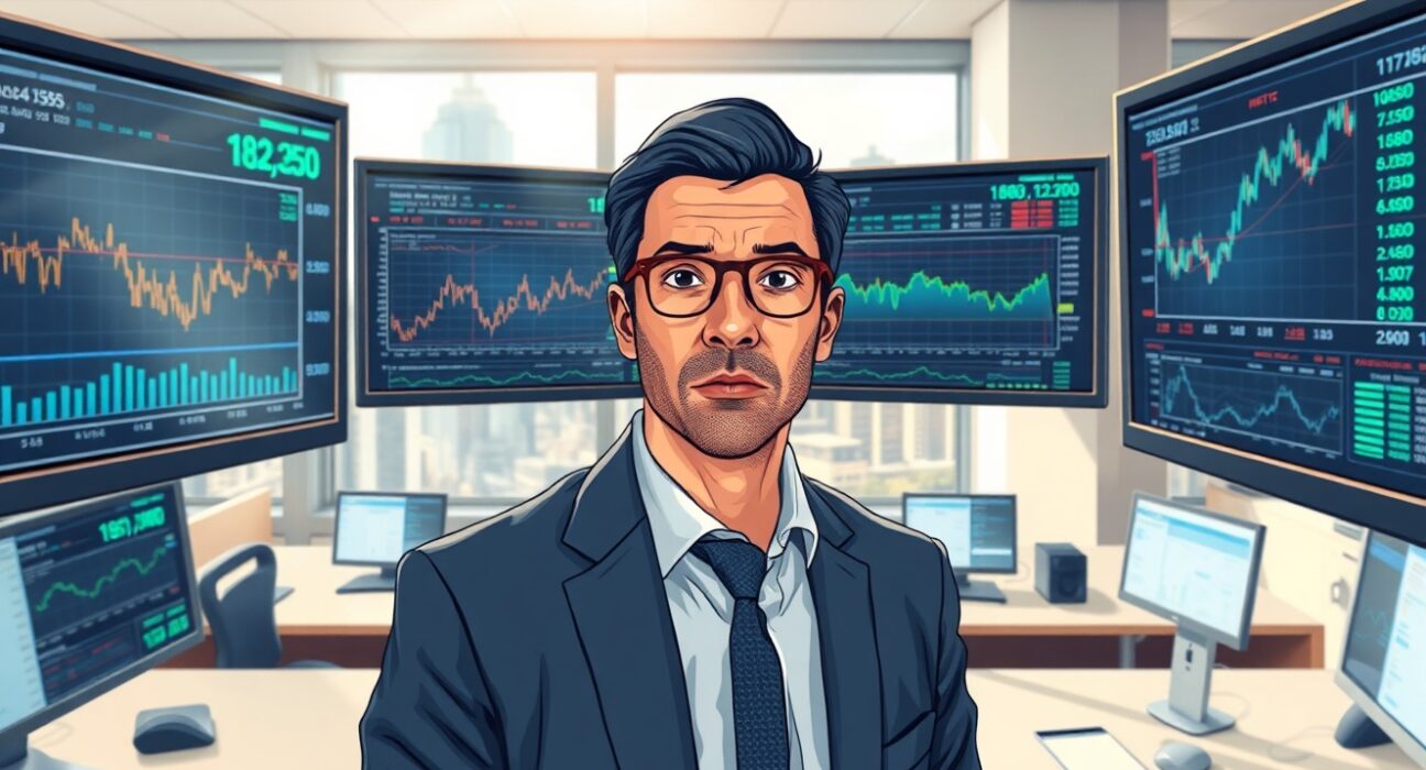 Financial analyst reviewing US dollar currency charts and global market data in trading environment