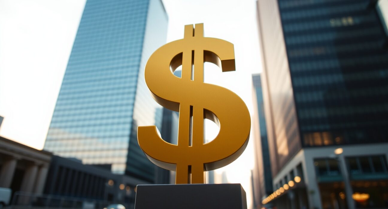 US dollar symbol in focus with financial district background, representing safe-haven demand.