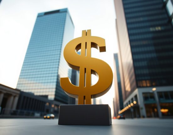 US dollar symbol in focus with financial district background, representing safe-haven demand.