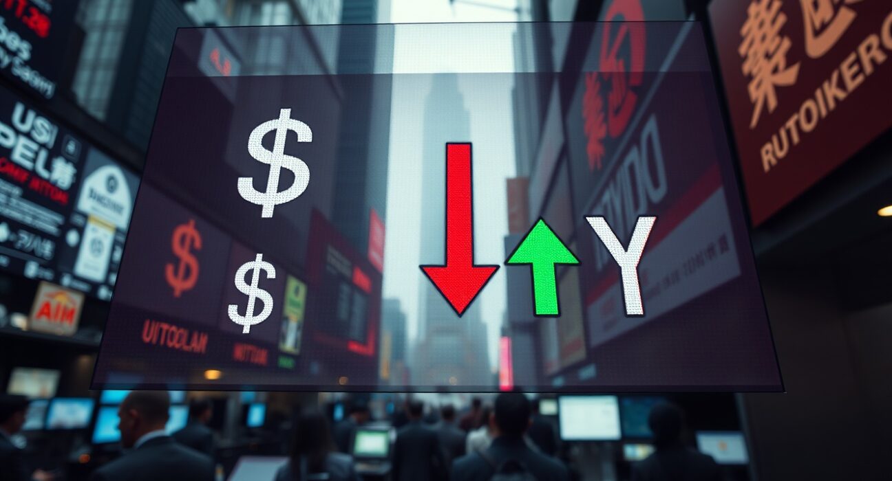 Currency exchange board showing US Dollar decline and Japanese Yen rise in financial district