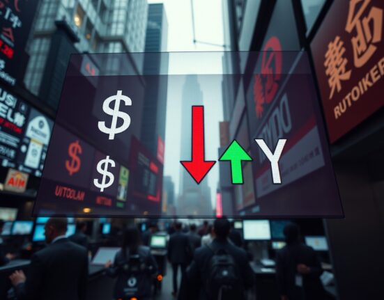 Currency exchange board showing US Dollar decline and Japanese Yen rise in financial district
