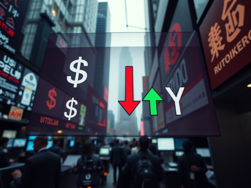 Currency exchange board showing US Dollar decline and Japanese Yen rise in financial district