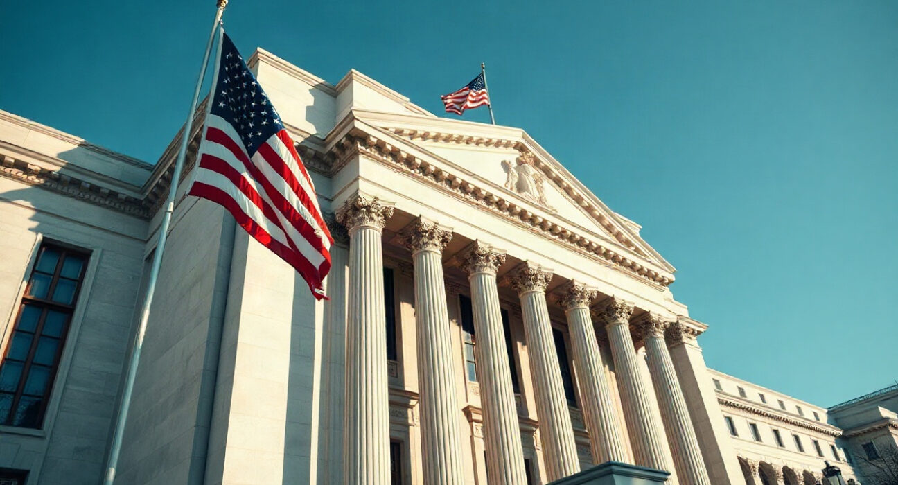 Federal Reserve building in Washington, D.C., with US flag, representing monetary policy and rate hike decisions.