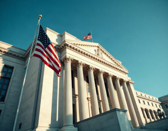 Federal Reserve building in Washington, D.C., with US flag, representing monetary policy and rate hike decisions.