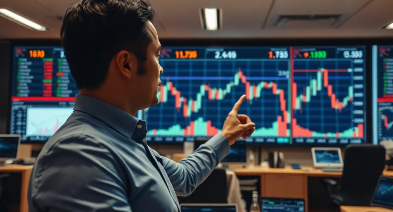 Financial analyst reviewing US dollar and services sector charts on a digital display in a modern trading floor setting