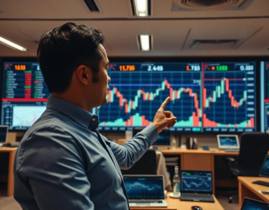 Financial analyst reviewing US dollar and services sector charts on a digital display in a modern trading floor setting
