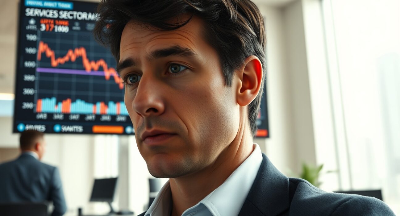 Financial analyst monitoring a chart showing services sector slowdown and labor market data affecting the US Dollar.