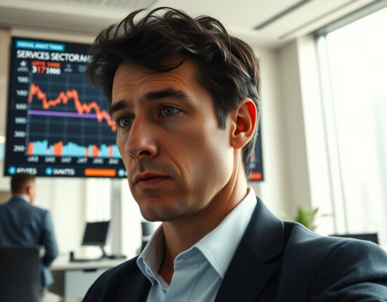 Financial analyst monitoring a chart showing services sector slowdown and labor market data affecting the US Dollar.