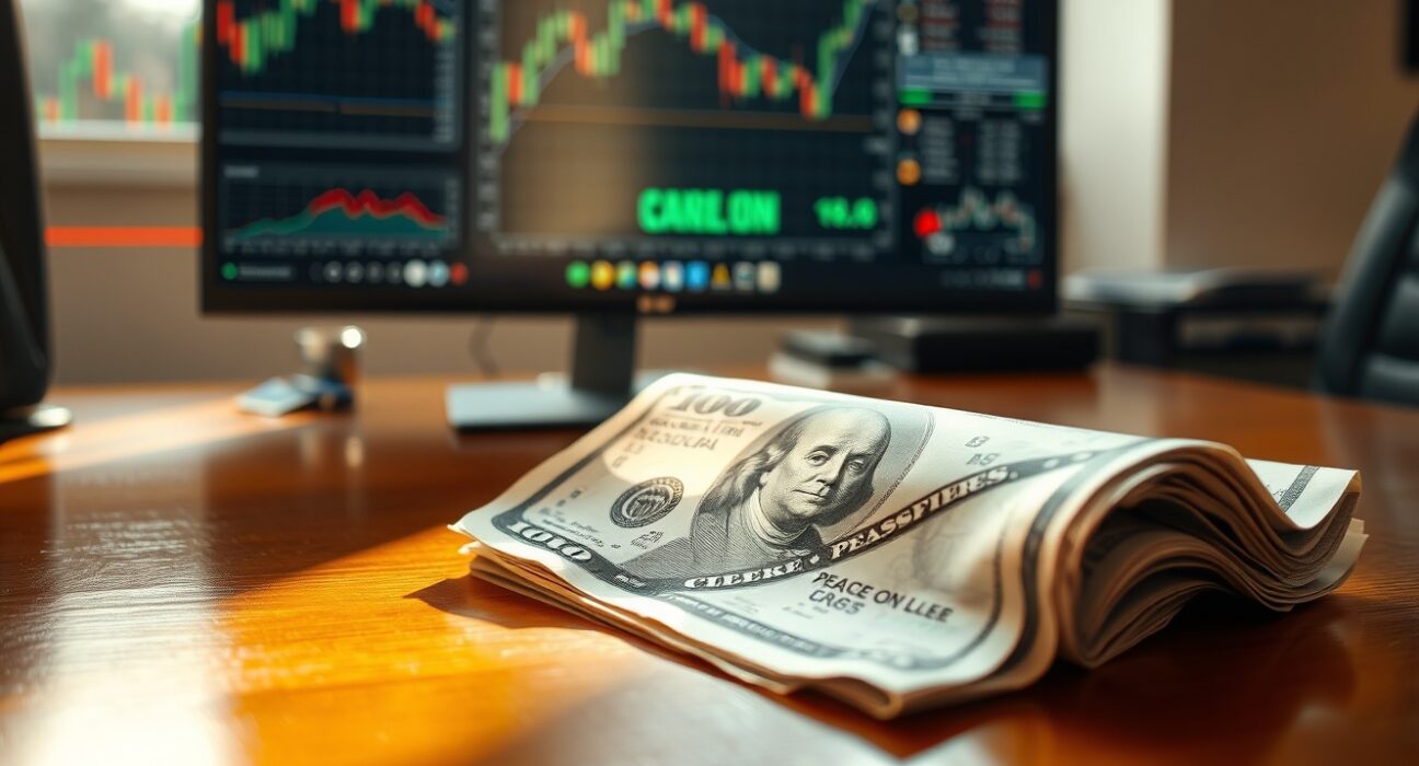 US Dollar banknote and newspaper with ceasefire headline on a desk in a trading office with charts in background