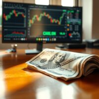 US Dollar banknote and newspaper with ceasefire headline on a desk in a trading office with charts in background