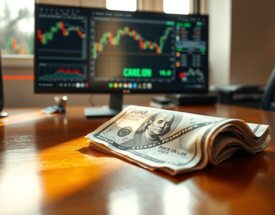 US Dollar banknote and newspaper with ceasefire headline on a desk in a trading office with charts in background
