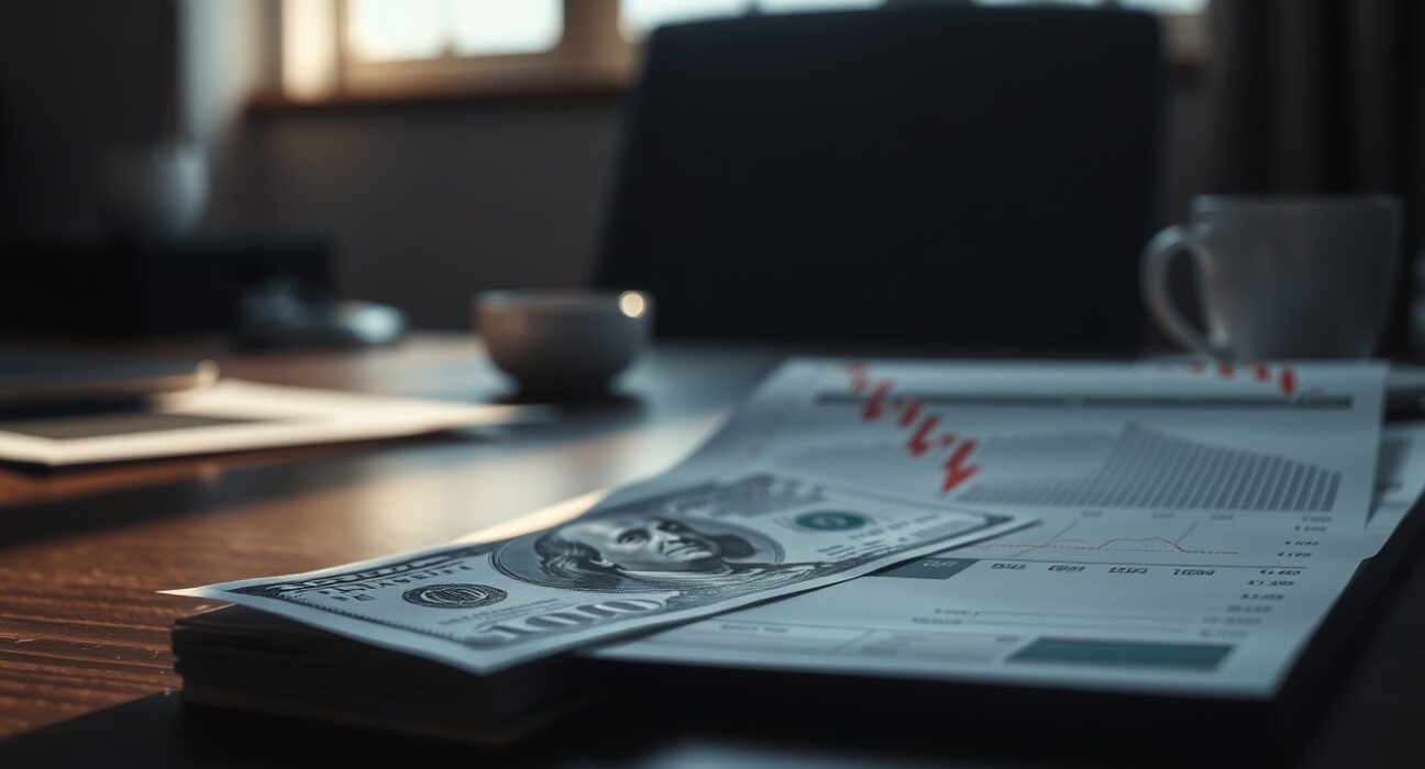 US Dollar banknote and financial chart with downward trends on a desk