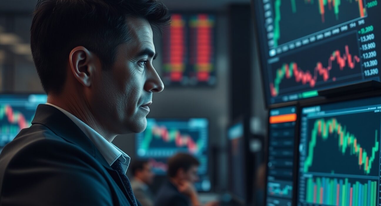 Financial analyst watching a downward-trending US Dollar chart on multiple monitors in a trading office.