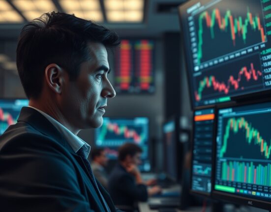 Financial analyst watching a downward-trending US Dollar chart on multiple monitors in a trading office.