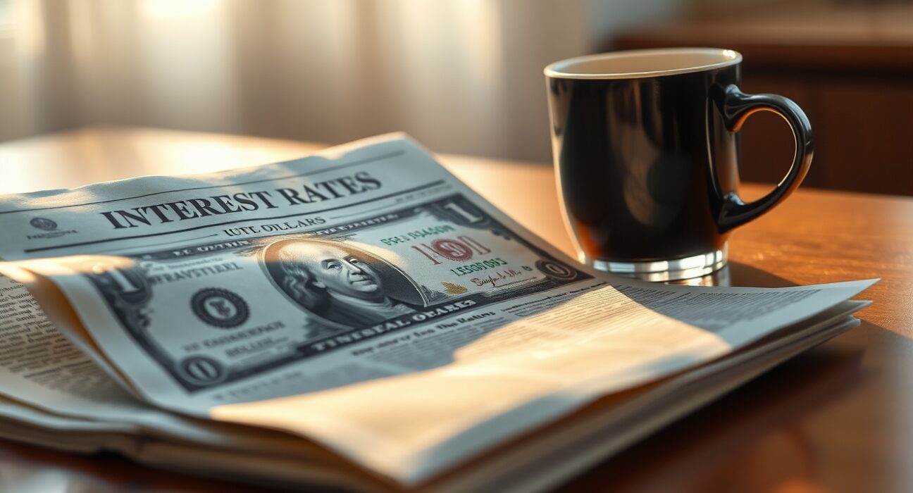 U.S. dollar bill on desk with financial newspaper about interest rates
