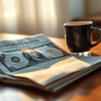 U.S. dollar bill on desk with financial newspaper about interest rates