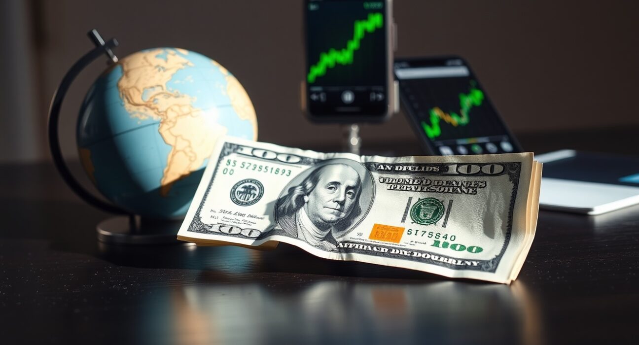 U.S. dollar bill on desk with globe and stock chart symbolizing shifting market sentiment