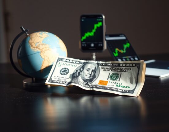 U.S. dollar bill on desk with globe and stock chart symbolizing shifting market sentiment