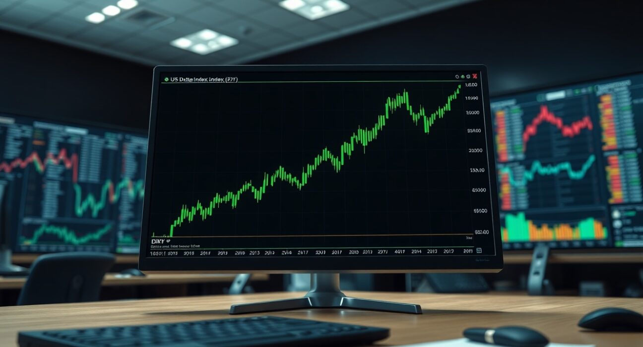 US Dollar Index chart surging on a trading desk monitor amid inflation fears and market analysis.