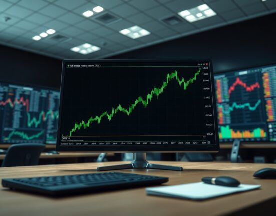 US Dollar Index chart surging on a trading desk monitor amid inflation fears and market analysis.