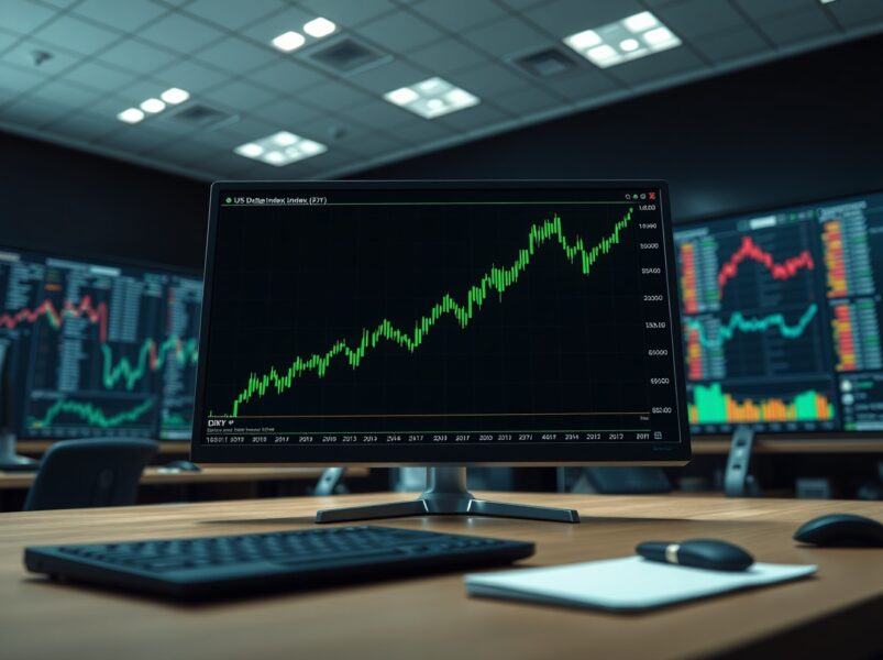 US Dollar Index chart surging on a trading desk monitor amid inflation fears and market analysis.