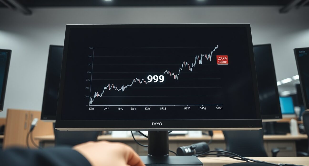 US Dollar Index chart surging past 99.50 on a trading desk monitor amid geopolitical tension.