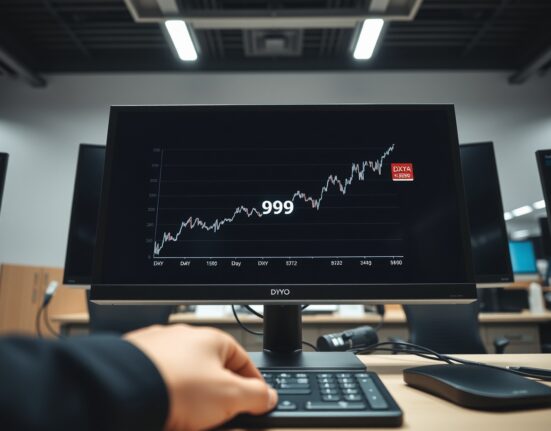US Dollar Index chart surging past 99.50 on a trading desk monitor amid geopolitical tension.