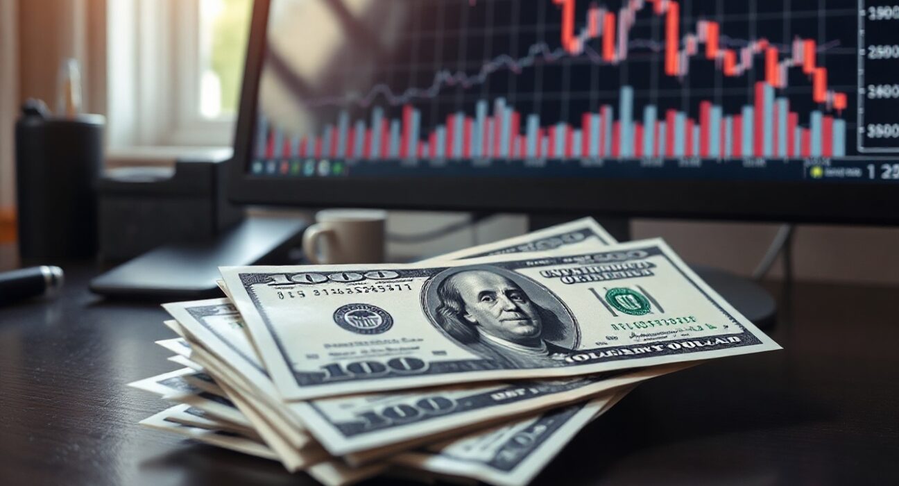 US dollar banknotes and a financial chart with a downward trend, representing softer economic data.