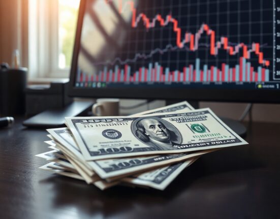US dollar banknotes and a financial chart with a downward trend, representing softer economic data.