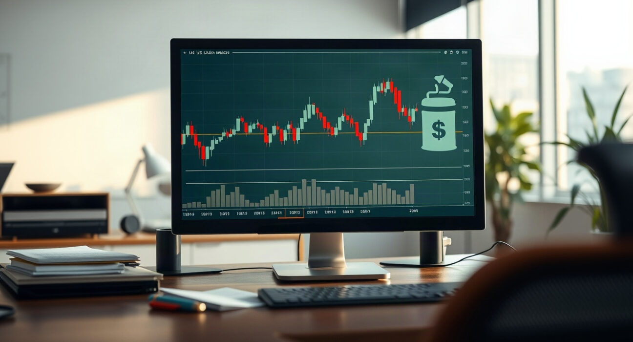 Financial analyst desk with US dollar chart and oil barrel icon, symbolizing currency and energy market dynamics.