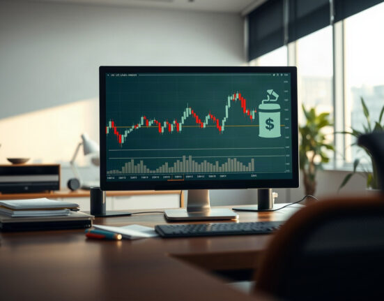 Financial analyst desk with US dollar chart and oil barrel icon, symbolizing currency and energy market dynamics.