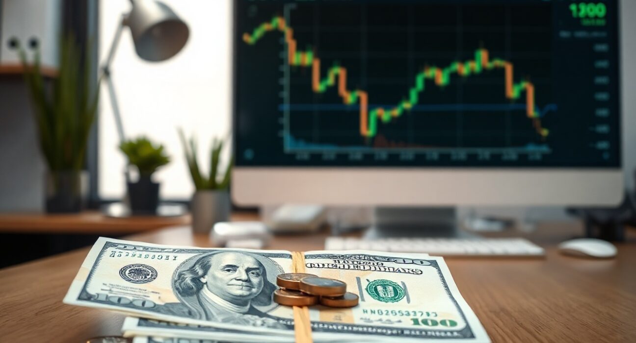 US dollar banknotes and coins with a financial chart on a monitor, indicating a shift in Fed outlook due to softer labour data.