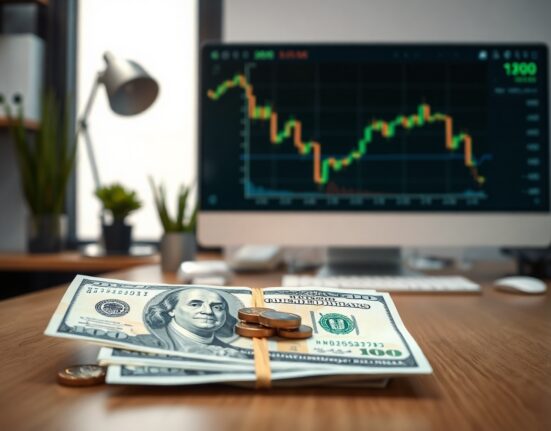 US dollar banknotes and coins with a financial chart on a monitor, indicating a shift in Fed outlook due to softer labour data.