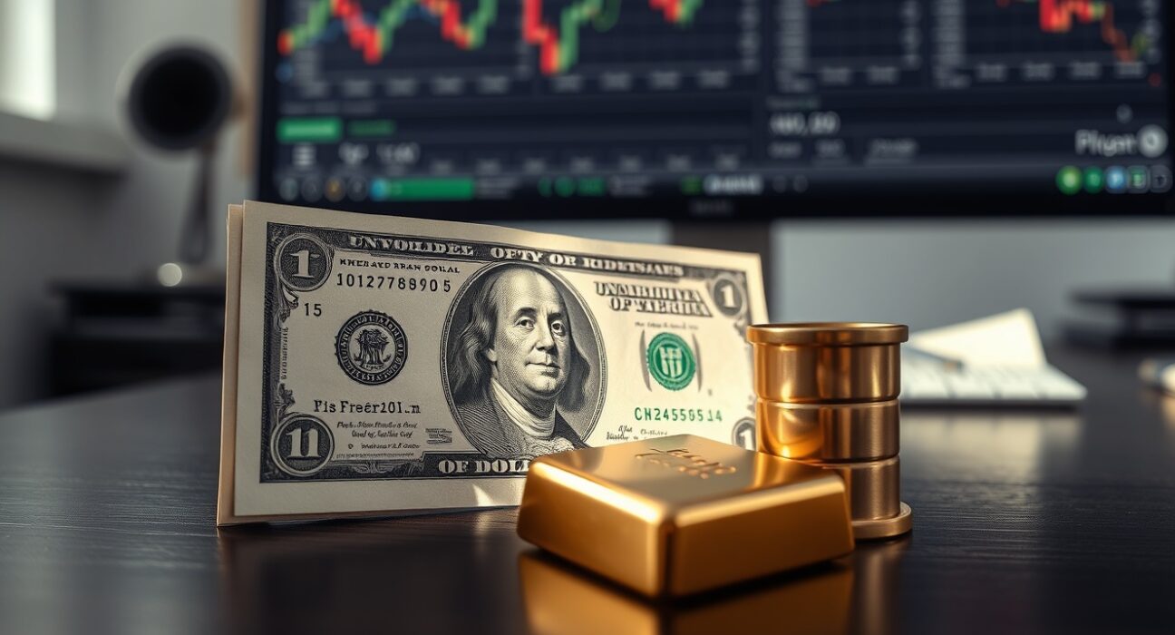 US Dollar banknote alongside gold bar and crude oil barrel on a desk with financial charts in background.