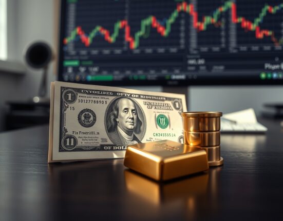 US Dollar banknote alongside gold bar and crude oil barrel on a desk with financial charts in background.