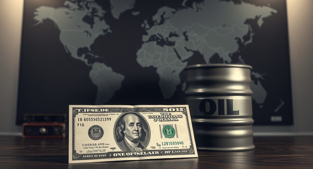 US Dollar banknote and oil barrel on a desk with a world map background, representing forex and oil market reaction to Middle East news.