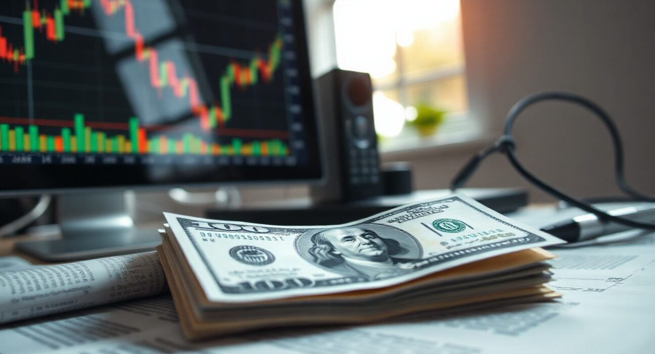 US dollar banknote with financial charts in background
