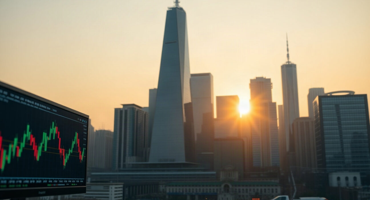 Financial district skyline at dawn with a computer monitor showing currency charts in the foreground