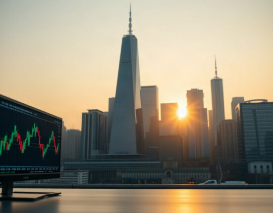 Financial district skyline at dawn with a computer monitor showing currency charts in the foreground