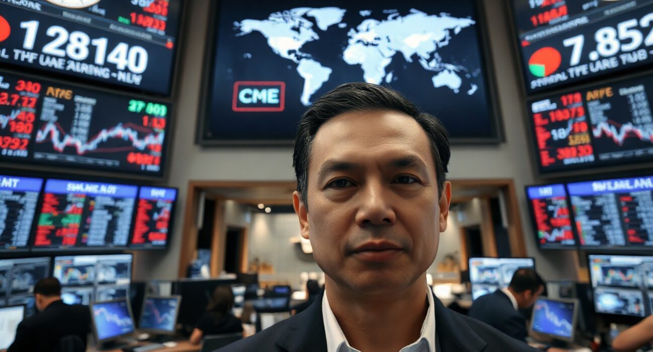 Forex trading desk with monitors showing currency charts and a world map.